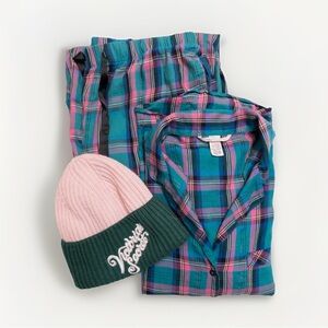 Victoria's Secret Blue and Pink Plaid Pajama Set with Hat